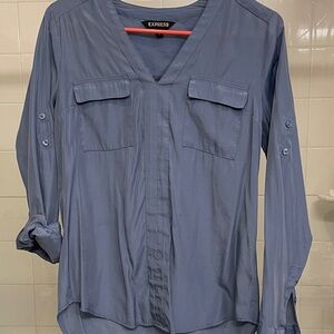 Express Women's Slate Blue Satin Button-Up Blouse